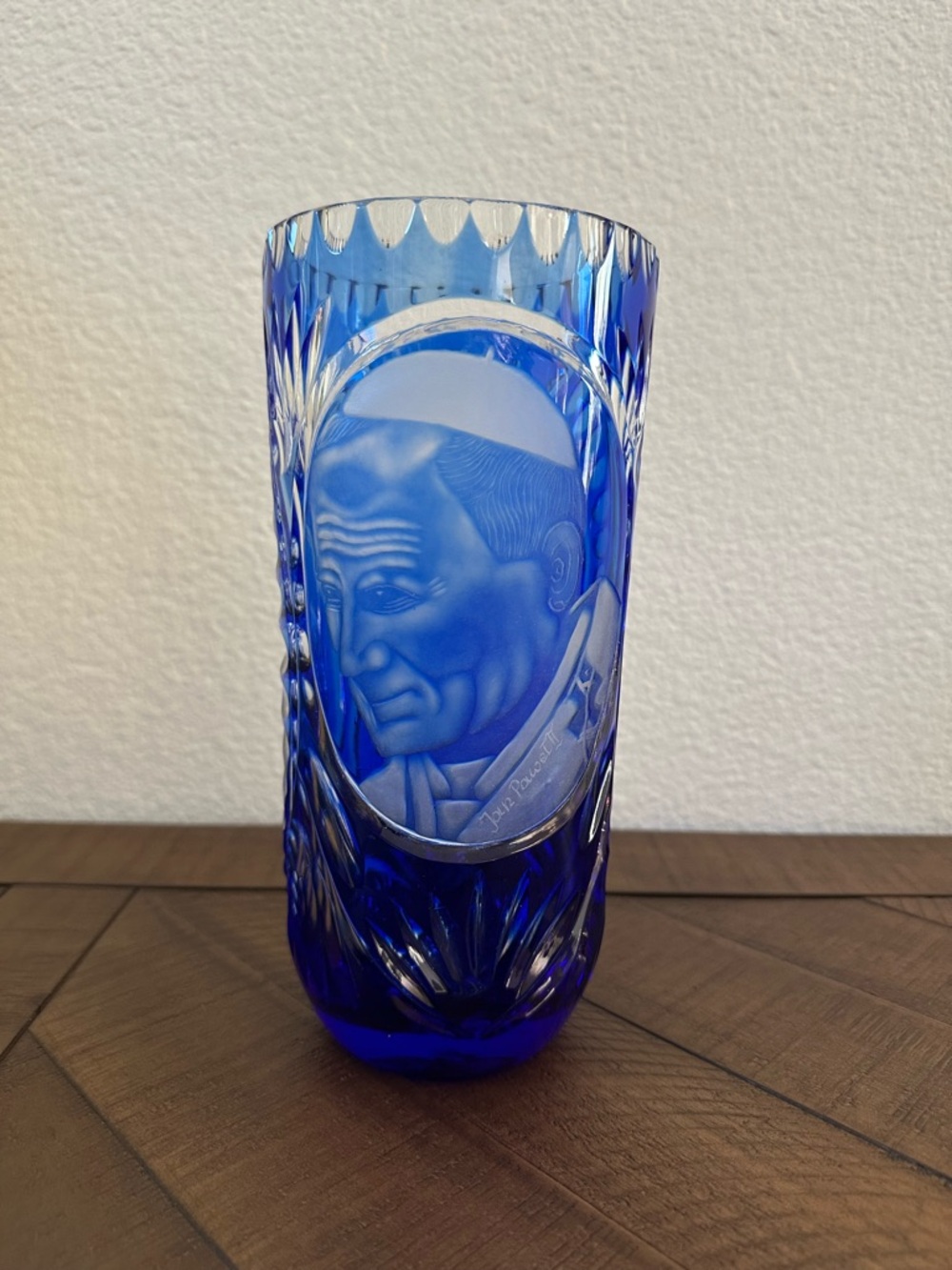Cobalt Blue Etched Crystal Decorative Vase John Paul II Pope Poland